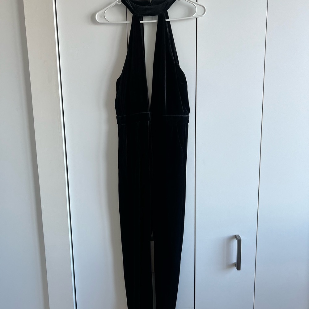 Black velour jumpsuit with straight leg pants